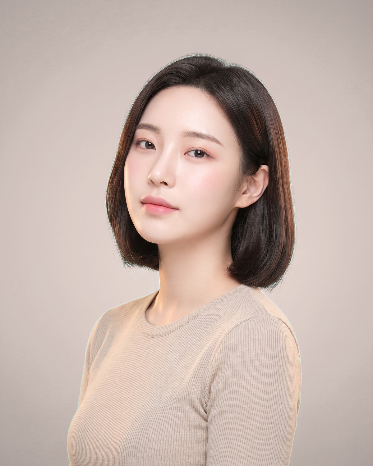 淡いミント色の背景の前で、体を少しひねってフェイスラインを見せるボブヘアの女性モデル