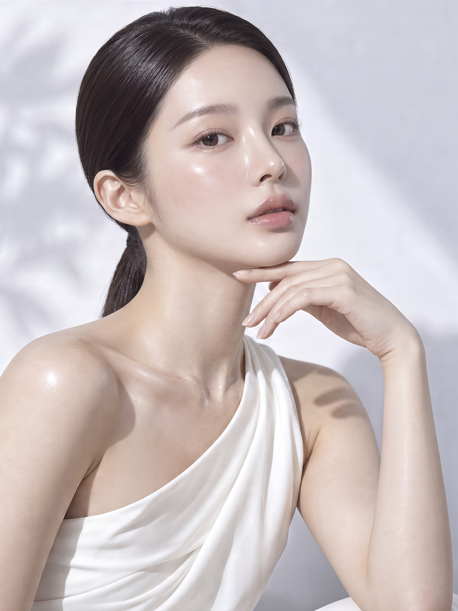 明亮的白牆前，身穿白色單肩洋裝、手托下巴的女性模特兒