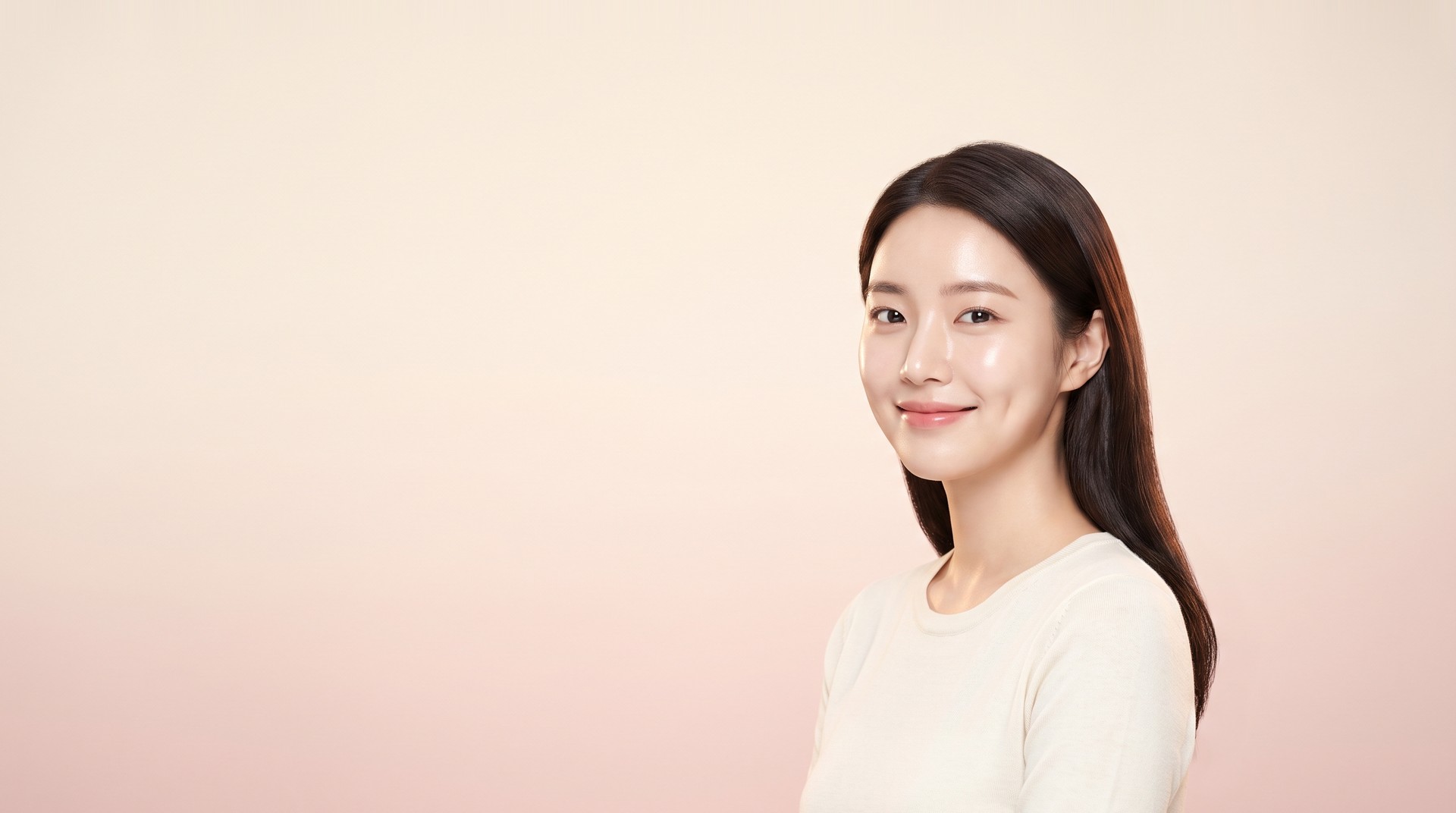 Người mẫu nữ ngoài 20 tuổi mỉm cười trước phông nền chuyển từ màu kem ấm sang hồng blush nhạt