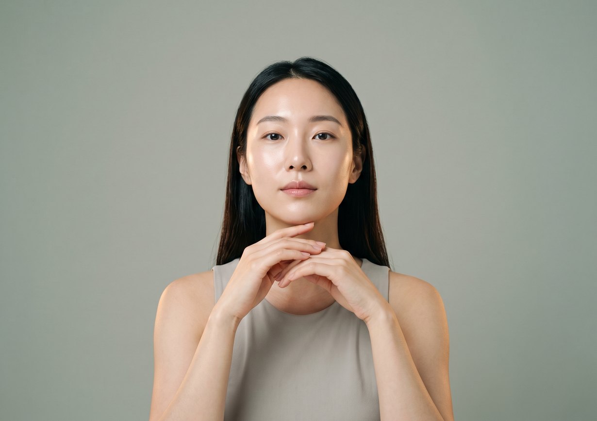 Model wanita menghadap ke depan dengan kedua tangan dirapatkan di bawah dagu