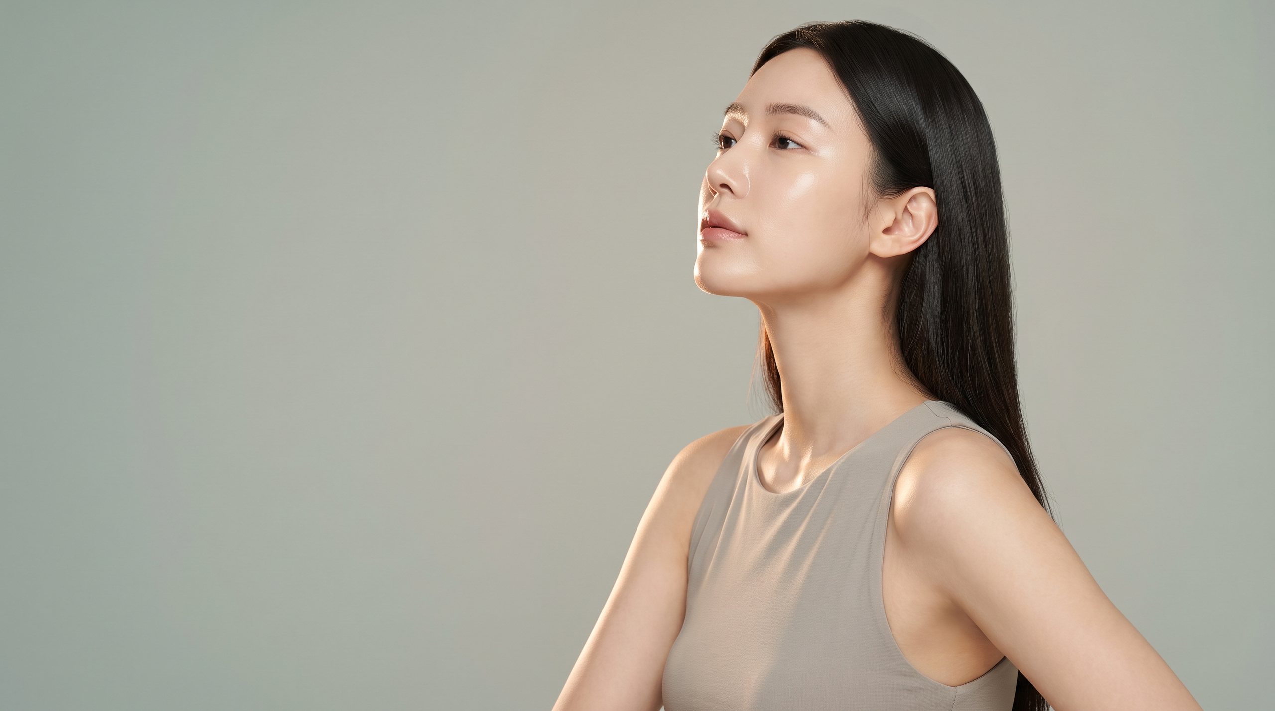 Model wanita menoleh hingga garis rahang dan garis lehernya terlihat, di depan latar greige