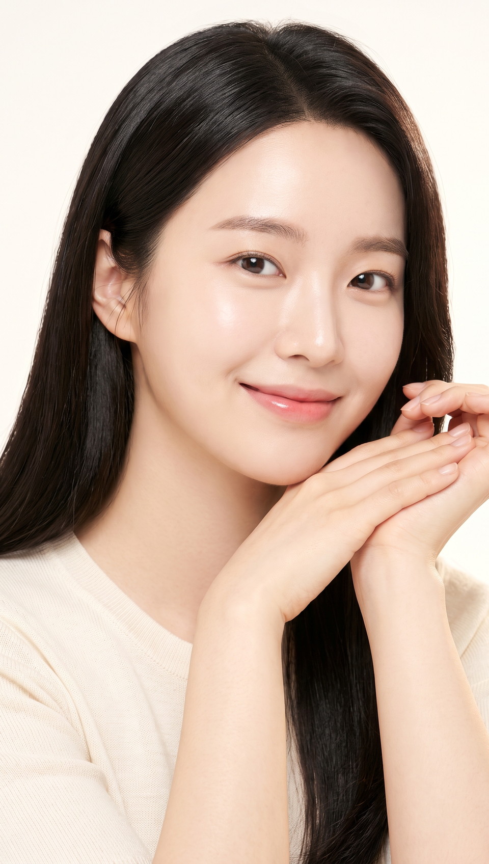 Female model smiling with both hands gathered under her chin against a bright off-white background