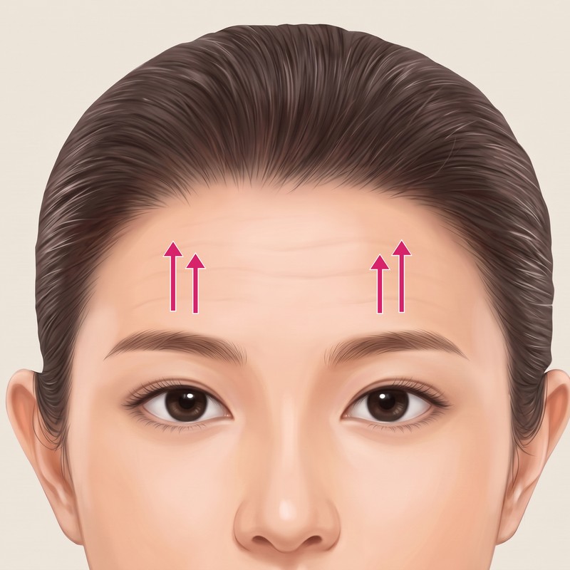 ภาพประกอบใบหน้าแสดงริ้วรอยบนหน้าผากและหว่างคิ้วที่คลายออก ด้วยลูกศร