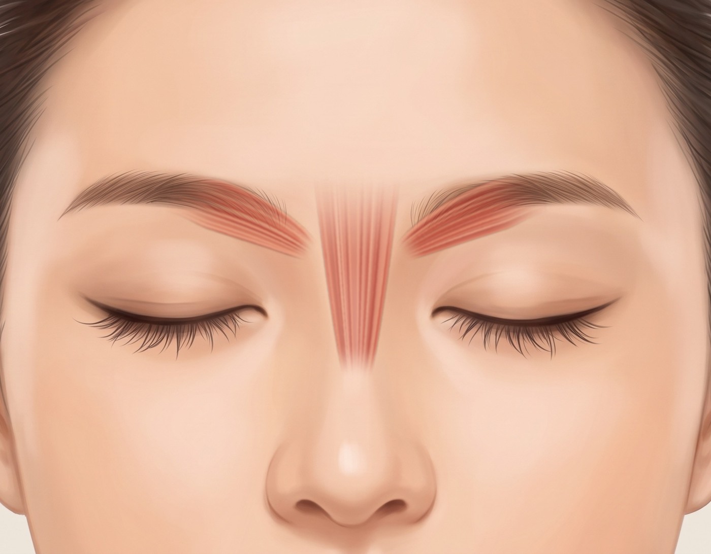 ภาพประกอบใบหน้าแสดงกล้ามเนื้อขมวดคิ้ว (Corrugator supercilii) ที่อยู่ด้านในคิ้วทั้งสองข้างของหว่างคิ้ว และกล้ามเนื้อโพรเซอรัส (Procerus) เหนือสันจมูก