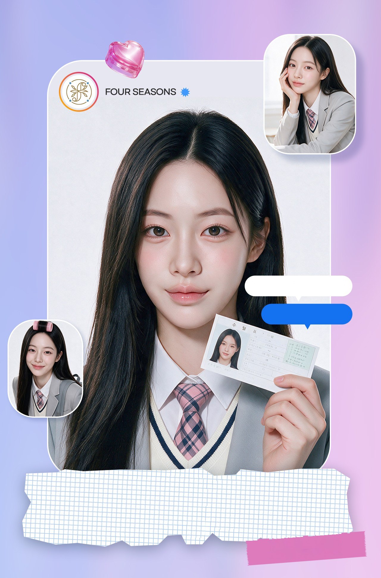 교복 차림의 모델이 수험표를 들고 있는 SNS 프로필 모양 사진과 같은 모델의 작은 사진 두 장, 포시즌 로고