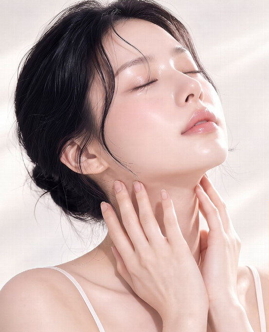 눈을 감고 고개를 젖힌 채 두 손으로 목선을 감싼 여성 모델