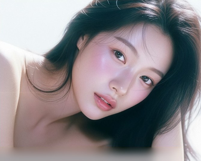 긴 머리를 늘어뜨리고 고개를 기울여 정면을 바라보는 여성 모델