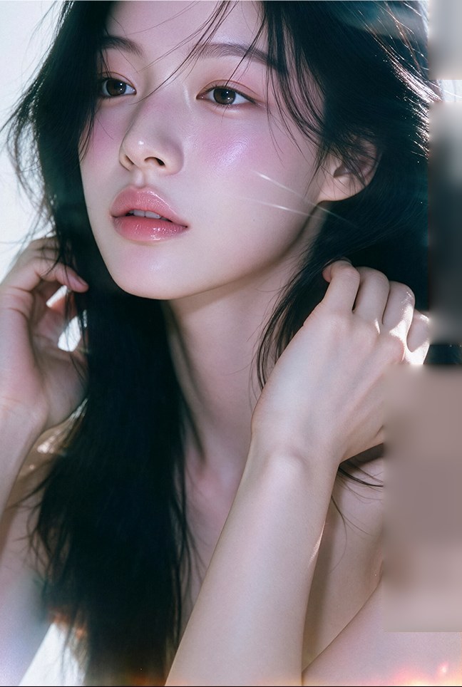 두 손으로 긴 머리를 쓸어 올리며 옆을 바라보는 여성 모델