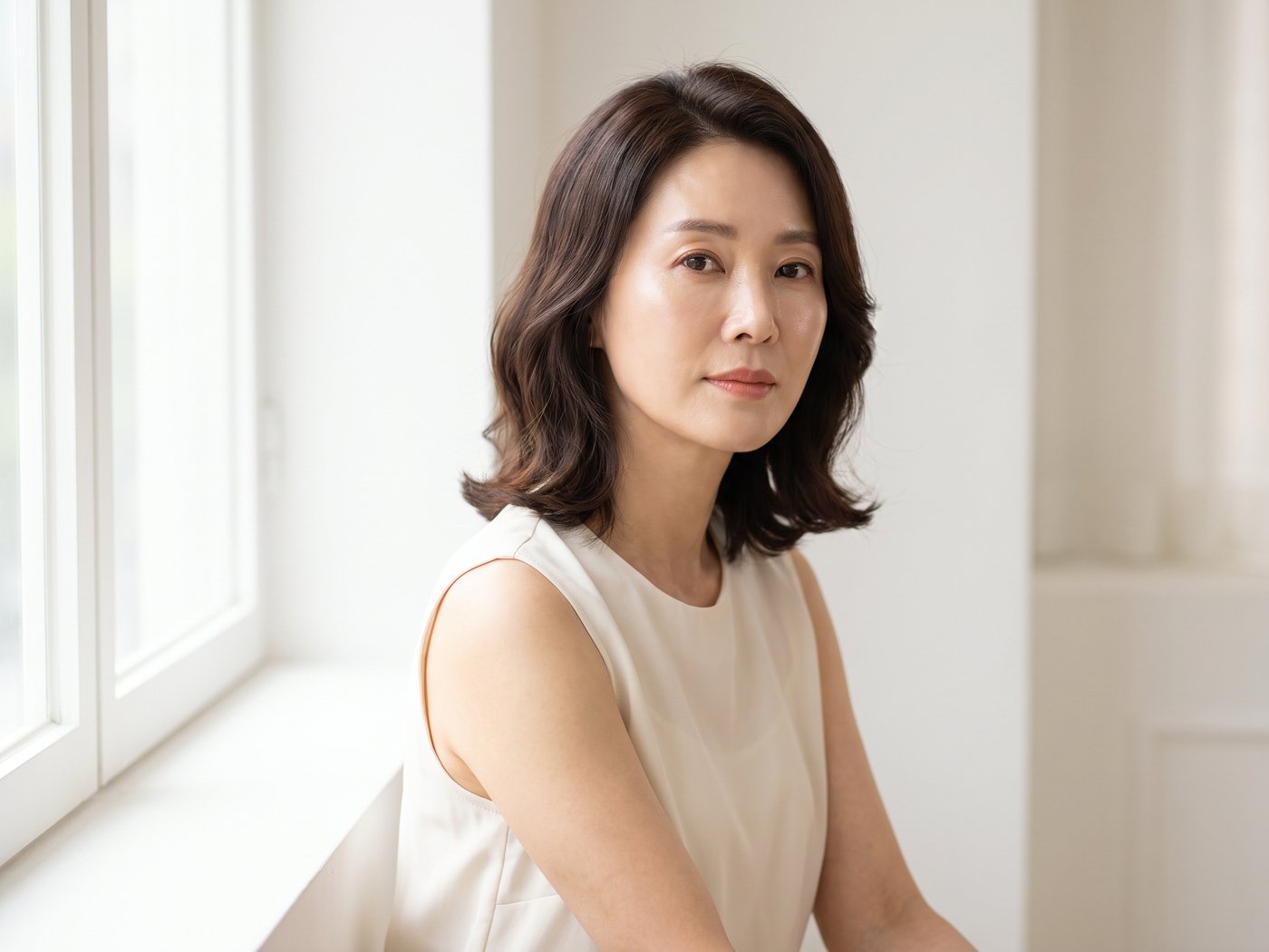 明るい窓辺に座り、正面を見つめる中年女性モデル