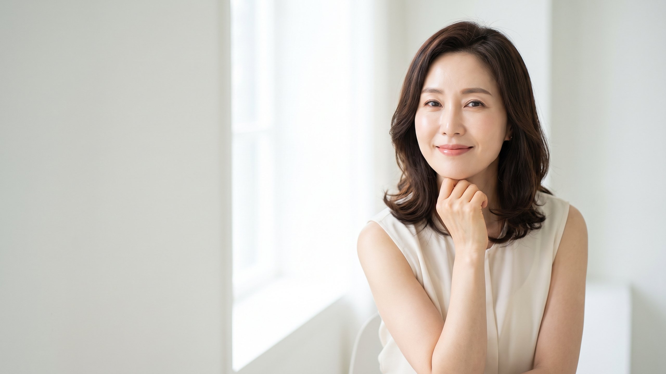 明るい窓辺で、あごに手を添えて微笑む中年女性モデル