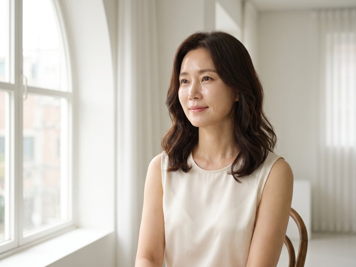 白い窓辺を背景に、ほのかに微笑む中年女性モデル