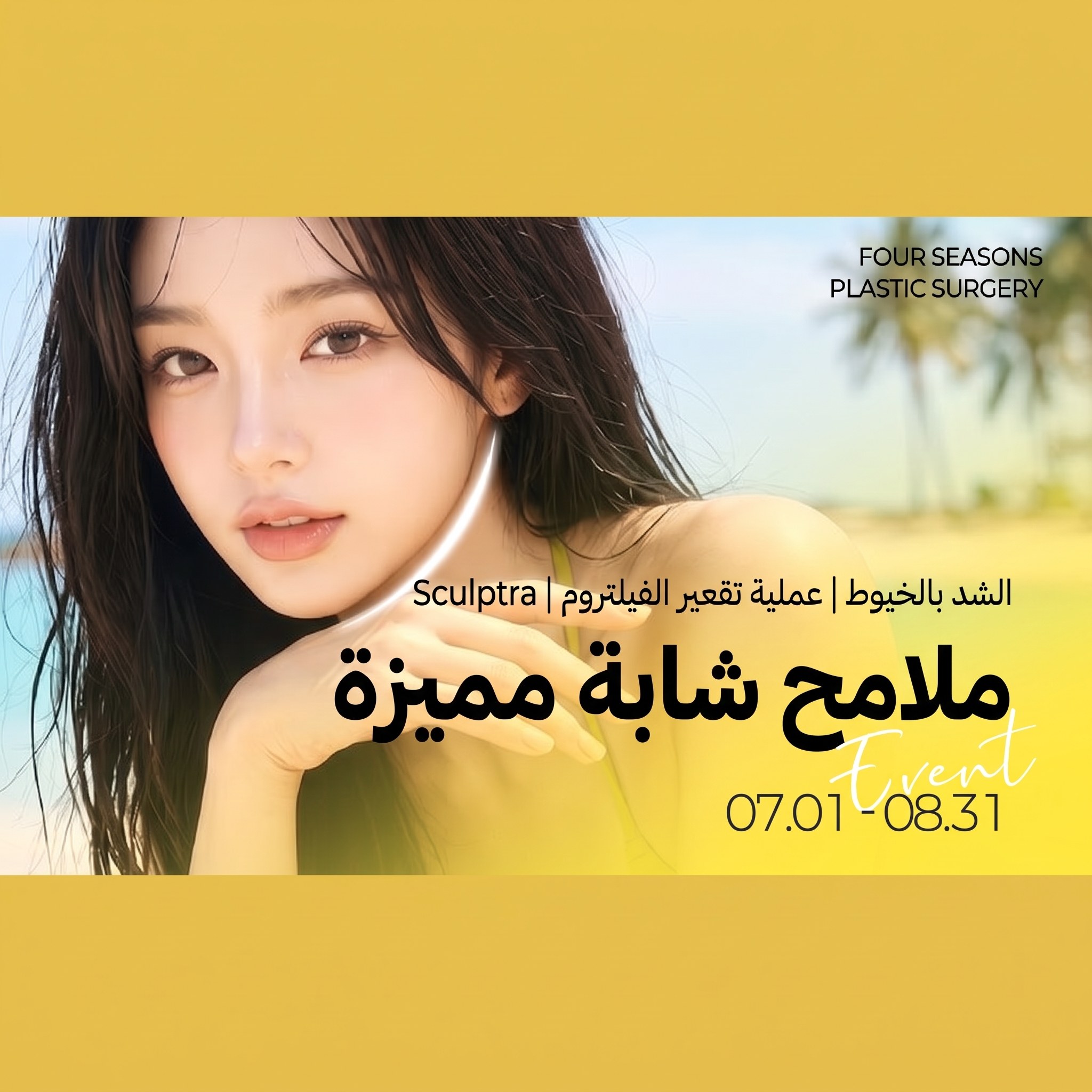 بانر عرض المظهر الشاب Signature لعارضة ترتدي ملابس صفراء — «شد الوجه بالخيوط｜تعميق الفلتروم｜Sculptra Signature للمظهر الشاب 07.01-08.31»