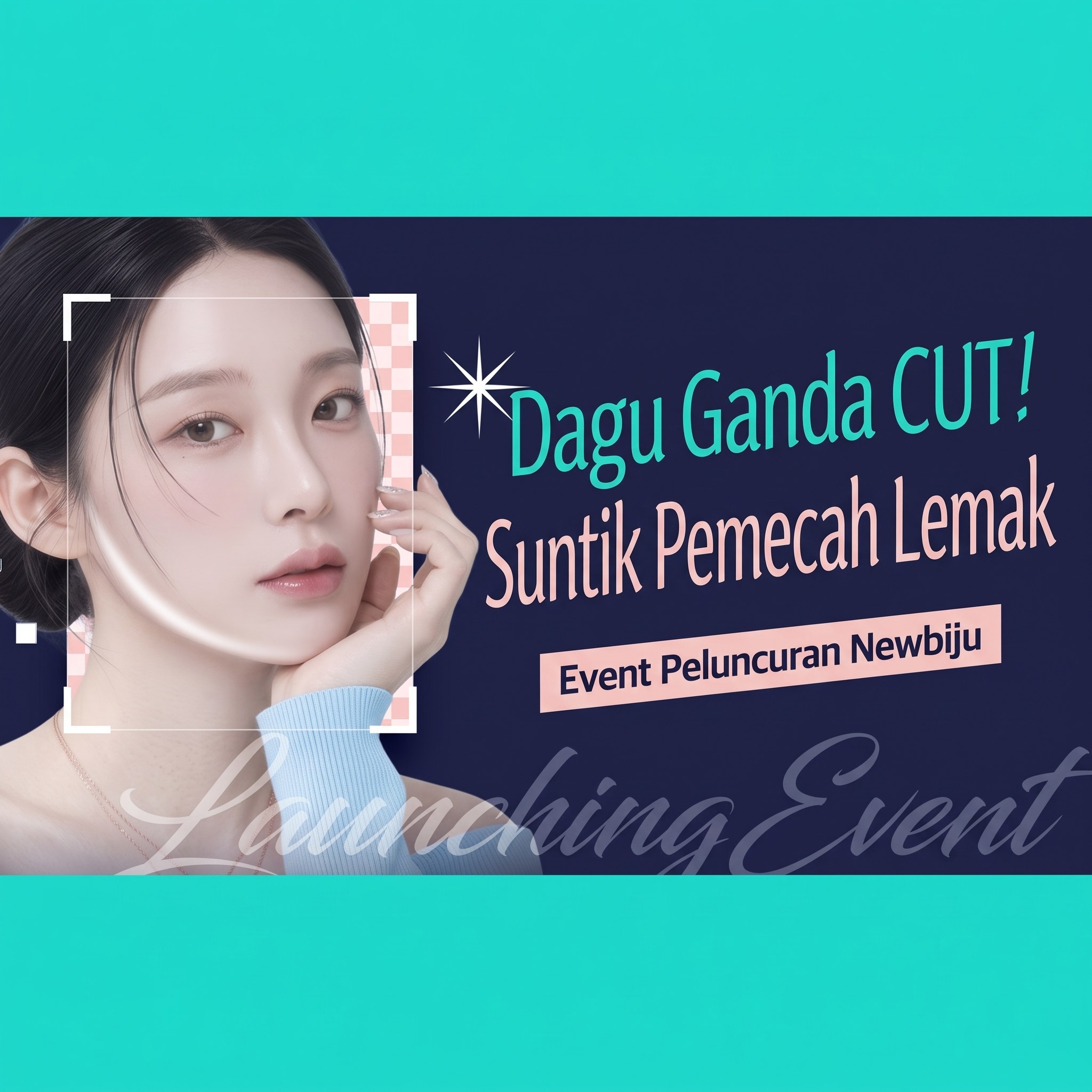 Banner event peluncuran Newbiju dengan model wanita yang menonjolkan garis rahang — “Hilangkan dagu ganda! Suntik pemecah lemak Newbiju, Event Peluncuran”