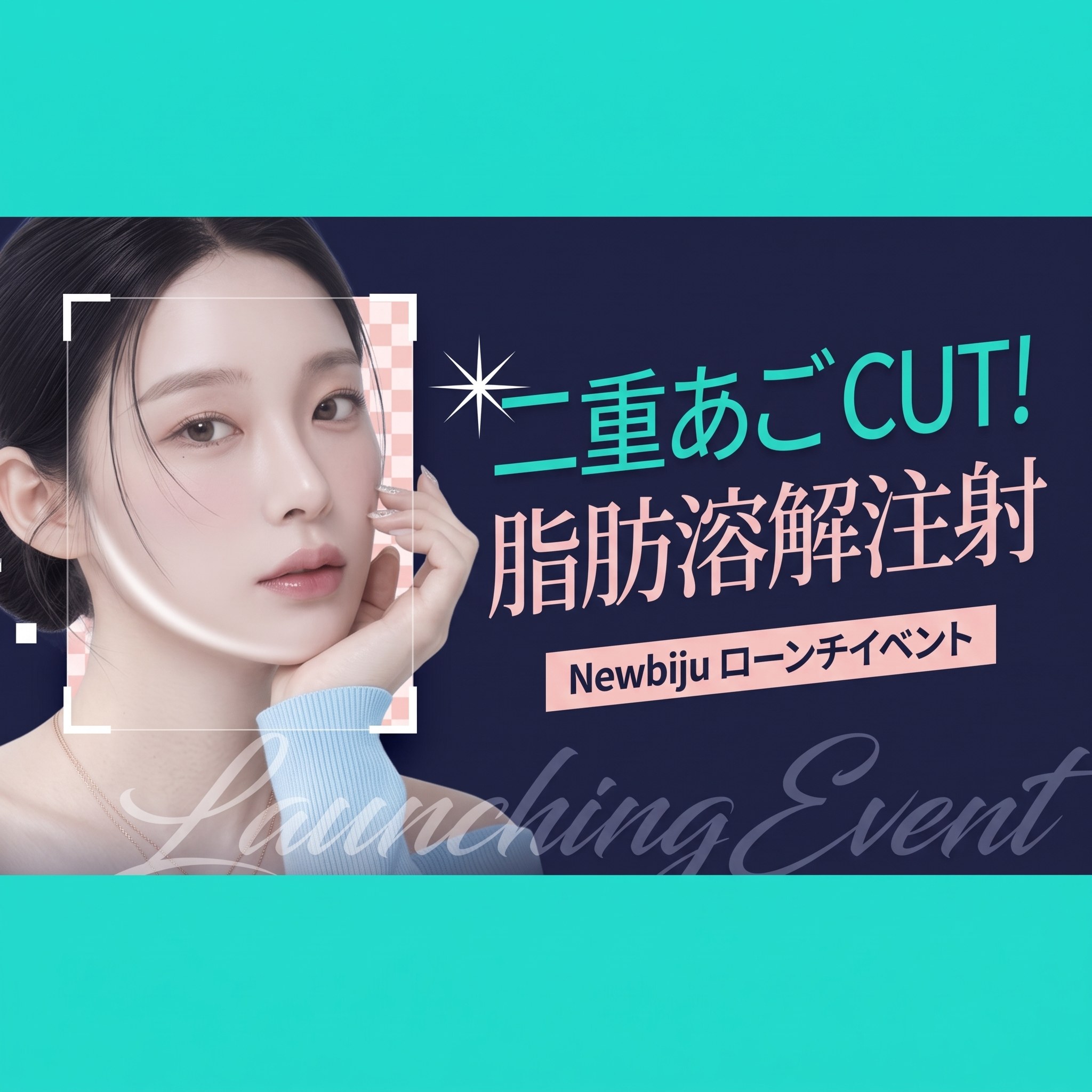 フェイスラインを強調した女性モデルの、Newbiju ローンチイベントバナー — “二重あごCUT！脂肪分解注射 Newbiju ローンチイベント”