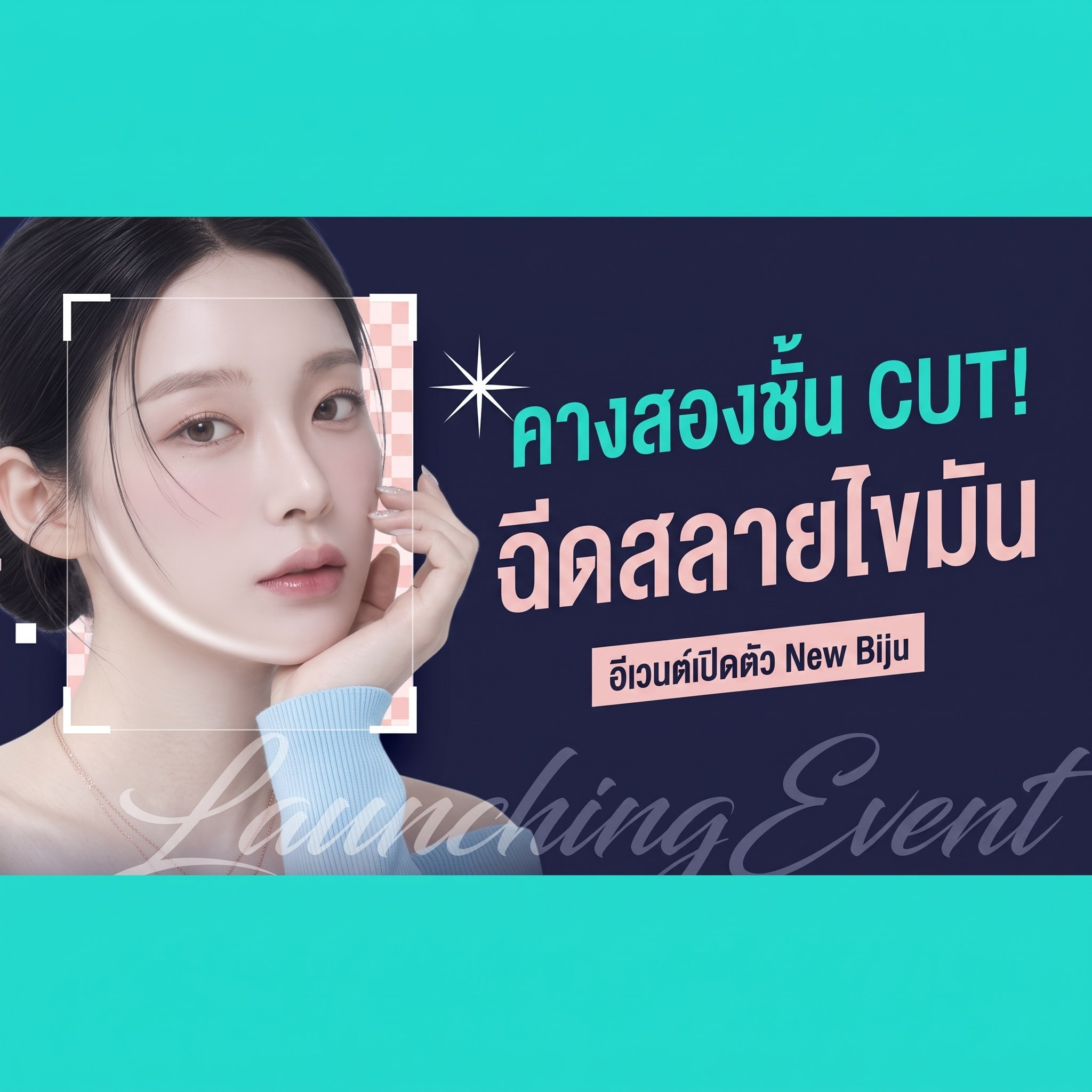 แบนเนอร์อีเวนต์เปิดตัว New Biju ภาพนางแบบที่เน้นแนวกราม — “กำจัดคางสองชั้น CUT! ฉีดสลายไขมัน New Biju อีเวนต์เปิดตัว”