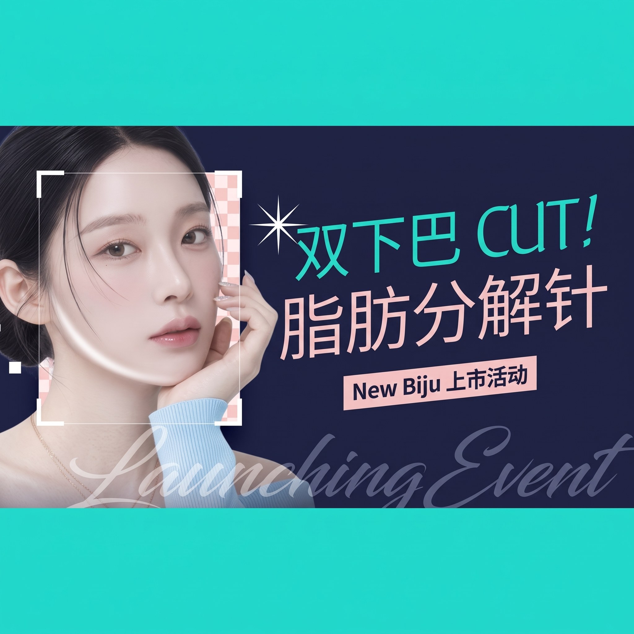 突出下颌线的女模特的 New Biju 上市活动横幅：“双下巴 CUT！溶脂针 New Biju 上市活动”