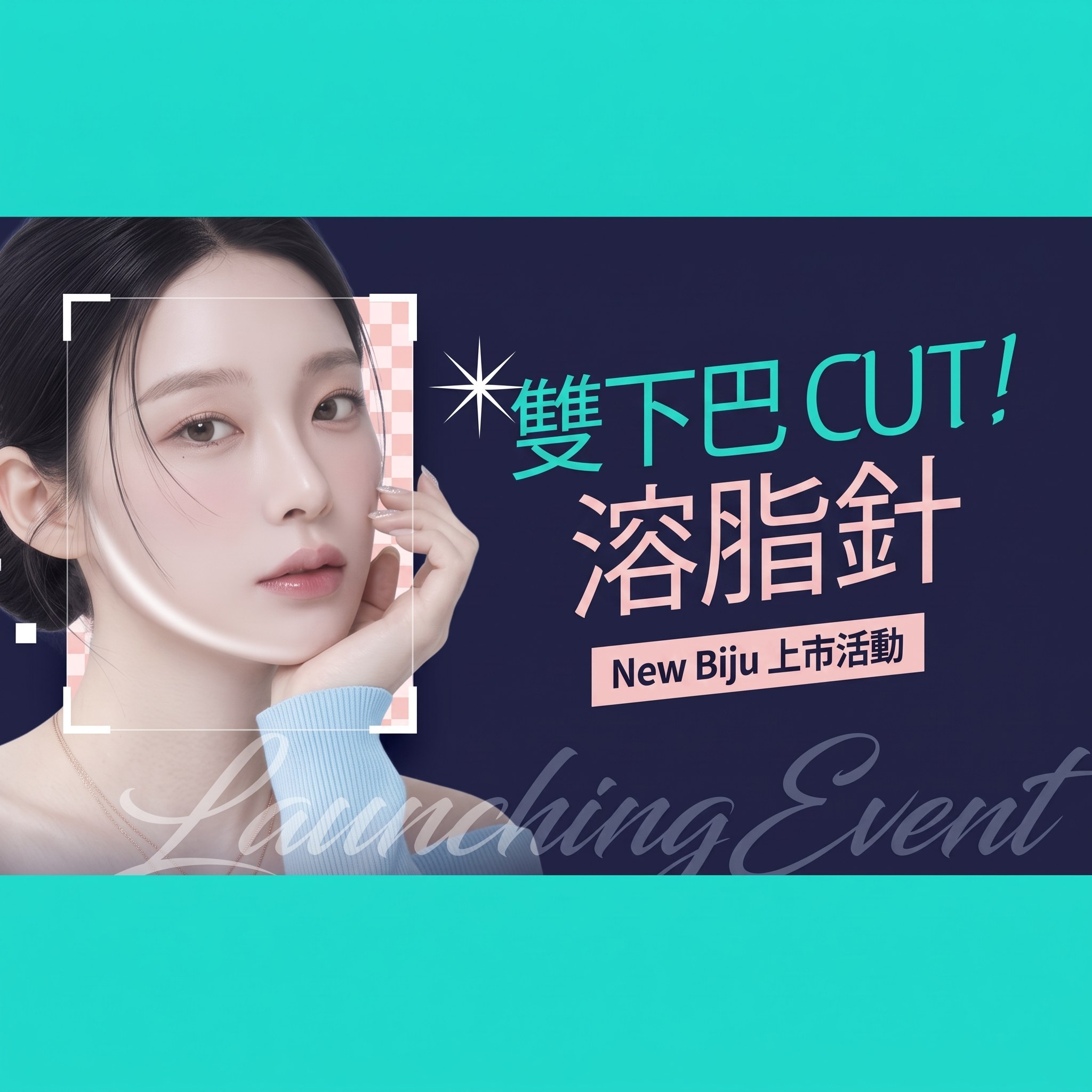 強調下顎線條的女模特兒，New Biju 上市活動橫幅 — “雙下巴 CUT！溶脂針 New Biju 上市活動”