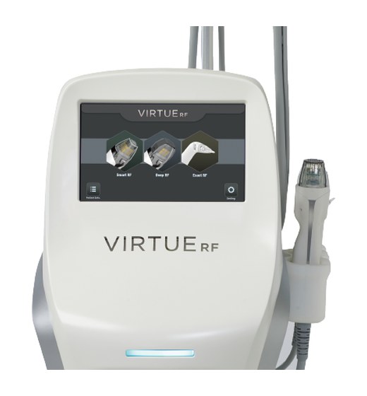 Virtue RF设备主机与微针手柄——屏幕和正面印有VIRTUE RF标识