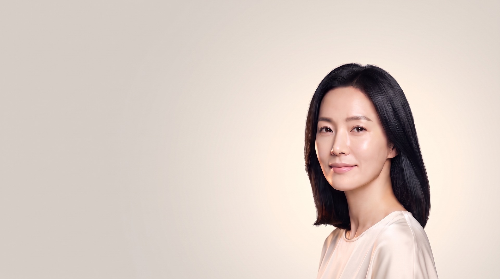 站在由青绿色渐变为奶油色背景前的40多岁女模特
