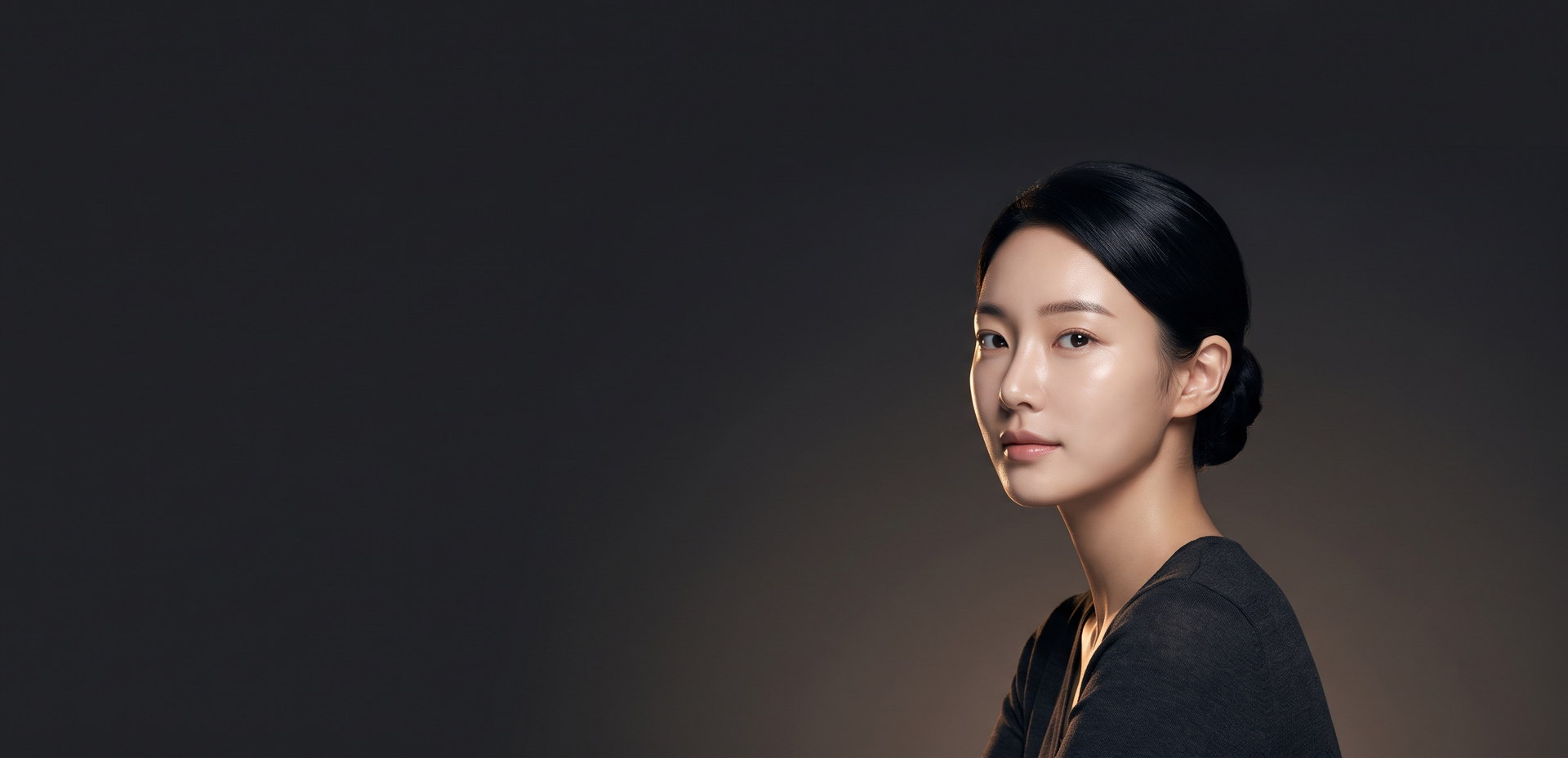 짙은 그래파이트 배경 앞에서 옆으로 몸을 돌려 코 옆선이 드러나는 여성 모델