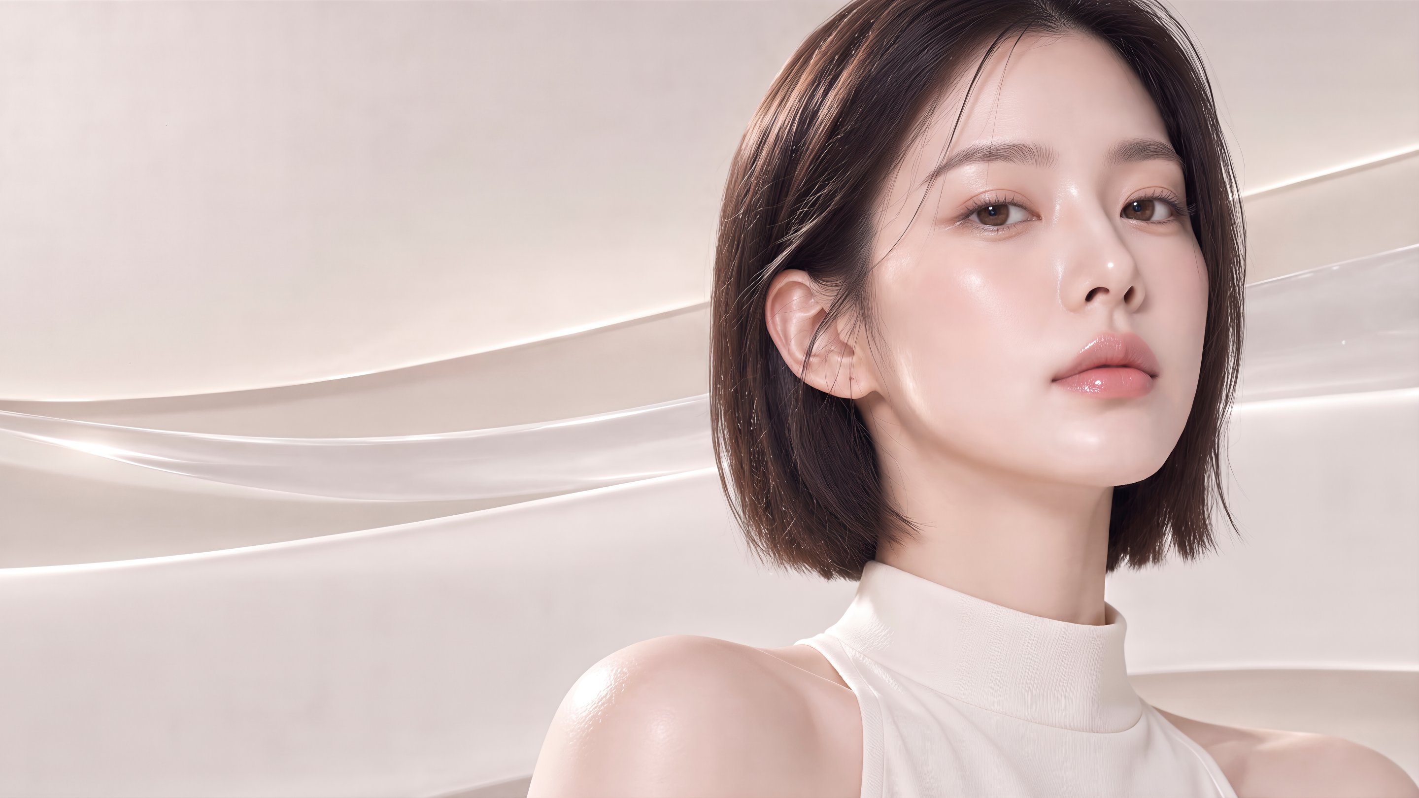 Female model with a bob haircut wearing a white high-neck top — revision eye and nose surgery
