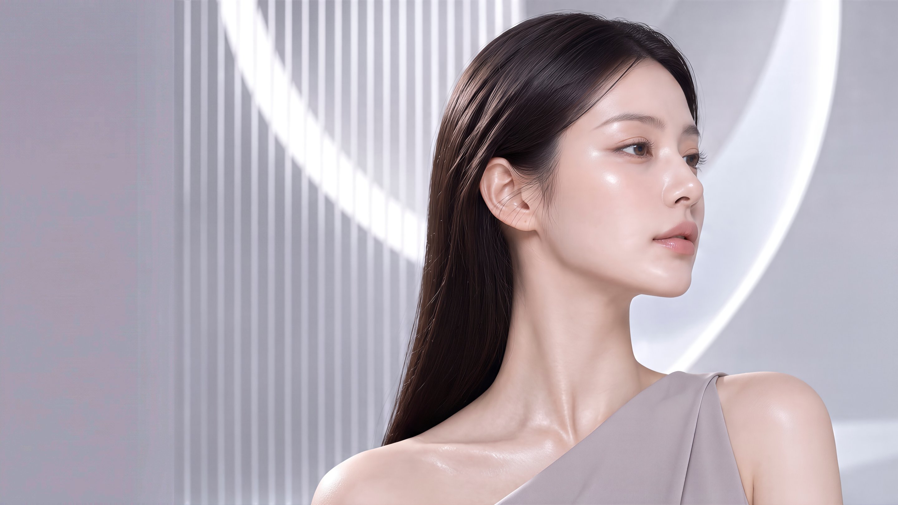 Female model sweeping her long hair back and looking to the side — 3D-CT functional rhinoplasty