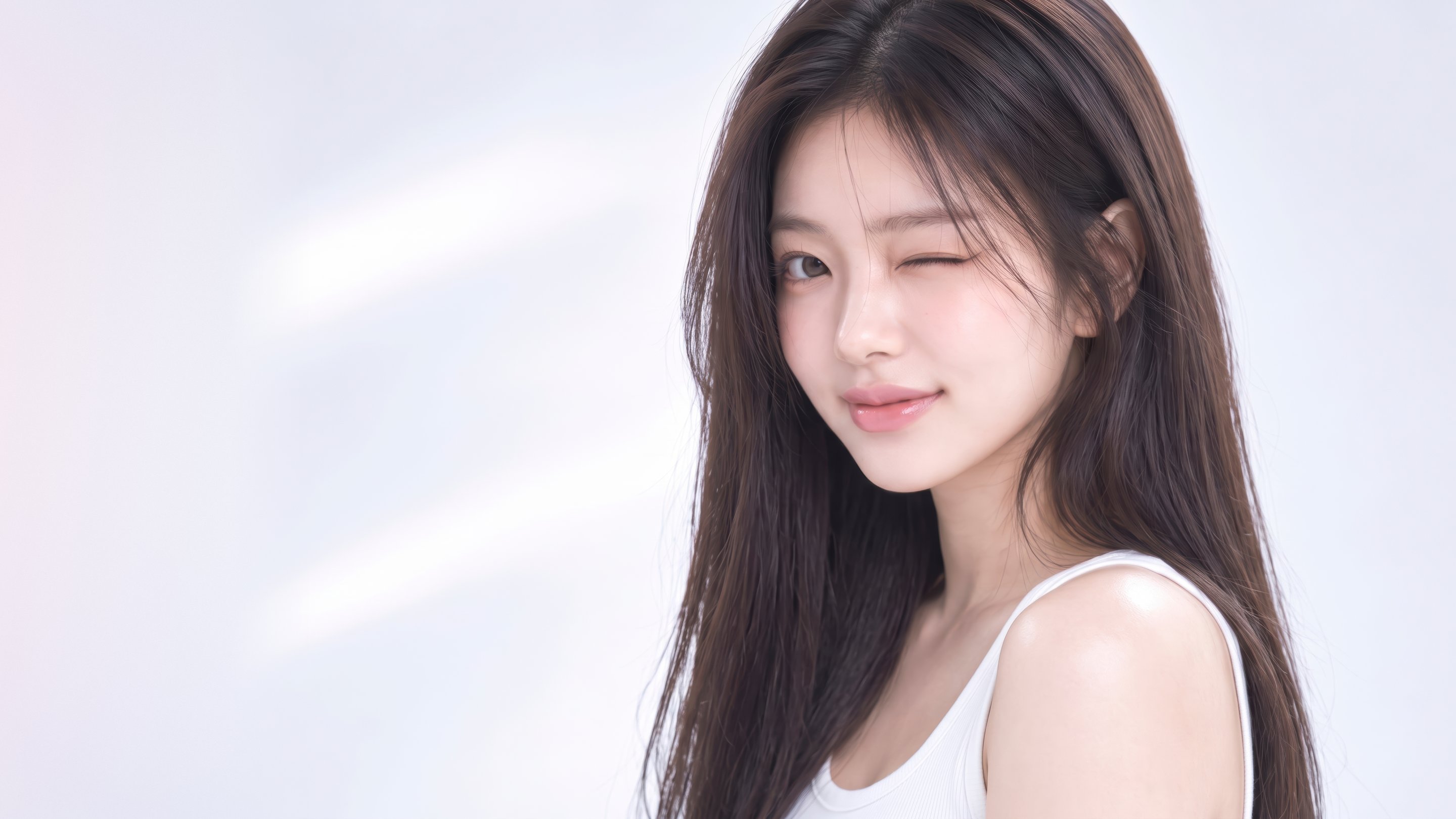 Female model with long hair winking — Philtrum Definition Surgery
