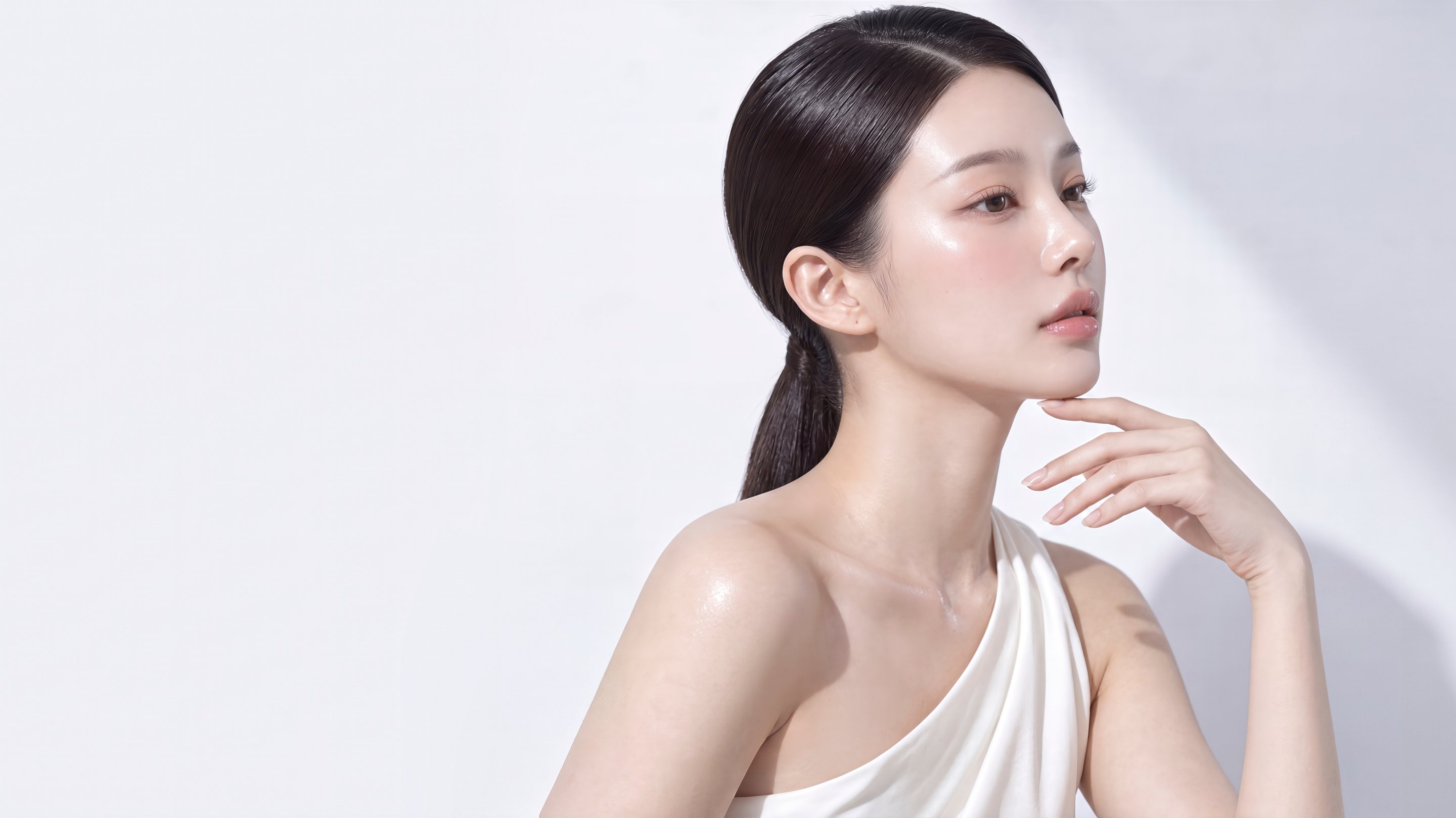 Side profile of a female model with her hand under her chin — Mini Facelift