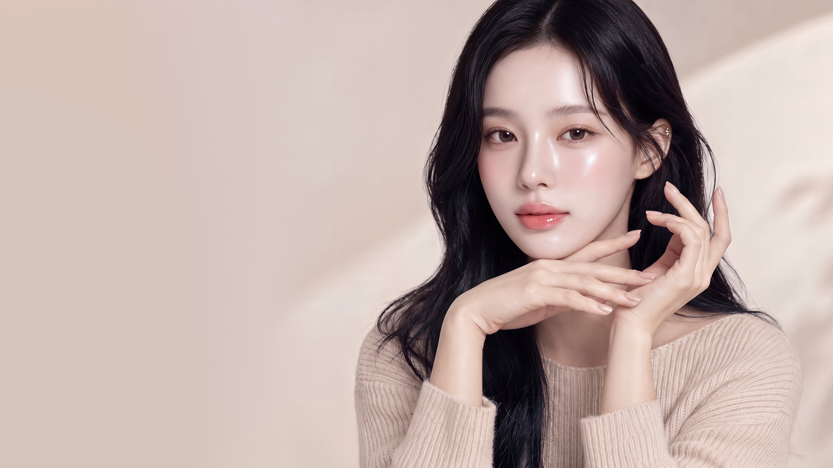Female model with both hands gathered beneath her face — Lower Eyelid Fat Repositioning