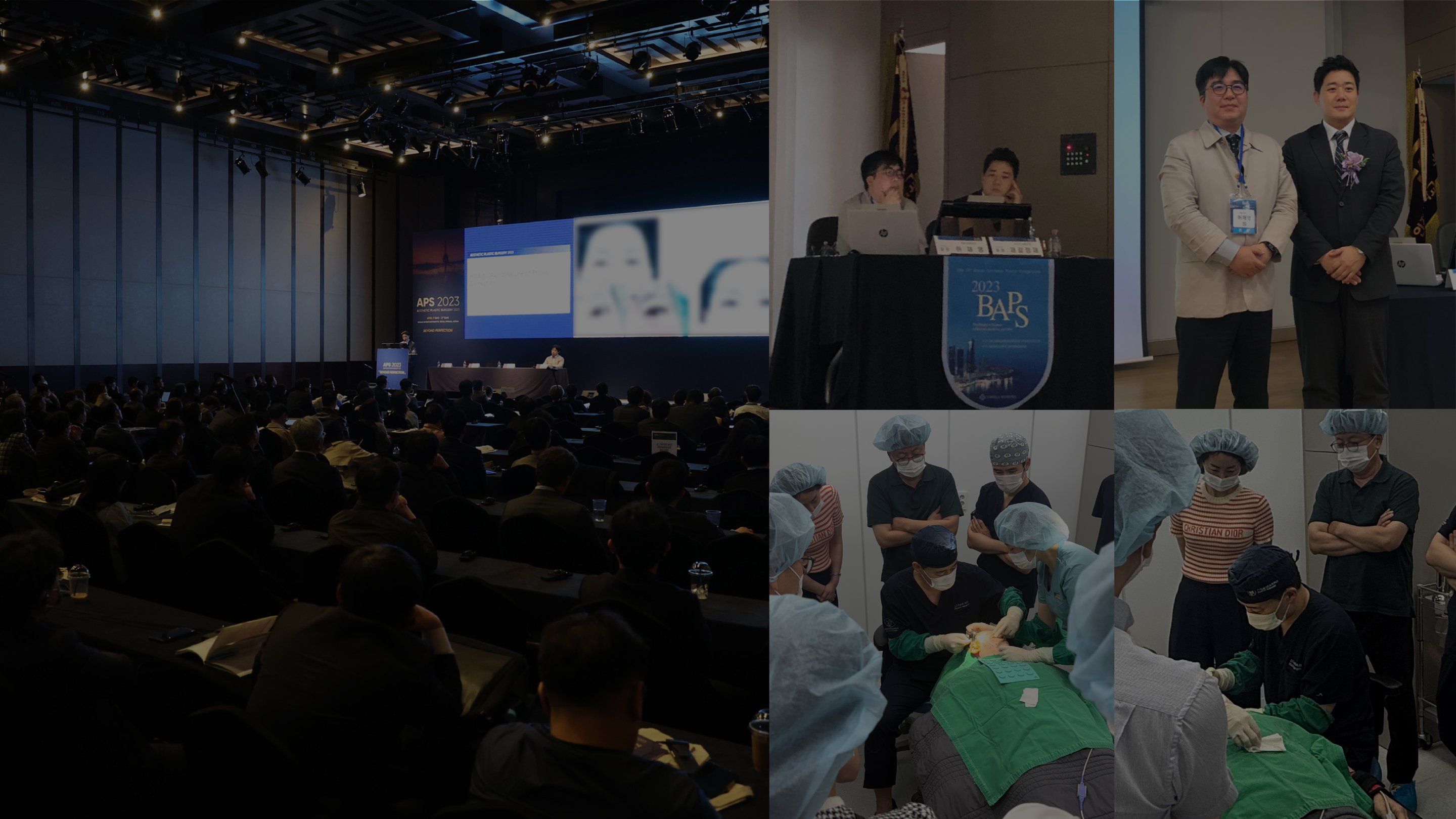 Conference lecture hall, podium, commemorative photo and surgery observation scenes — Four Seasons academic activities