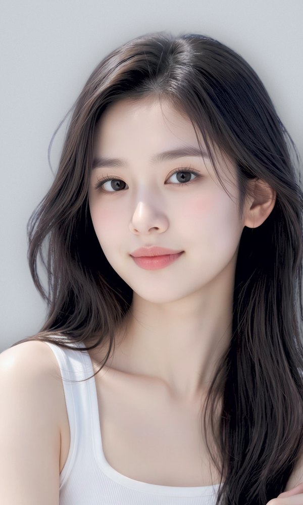 Eye surgery signature shot — smiling female model against a sky-blue background