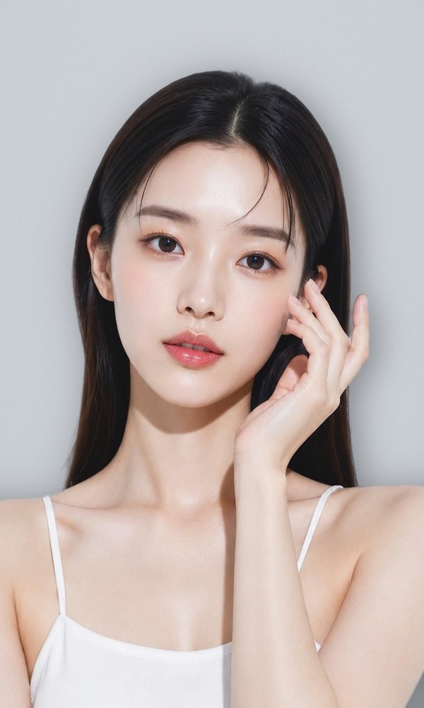 Nose surgery — front view of a woman touching her face with her hand