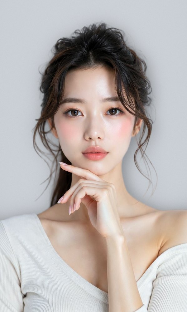 Endoscopic forehead lift — front view of a woman resting her hand on her chin