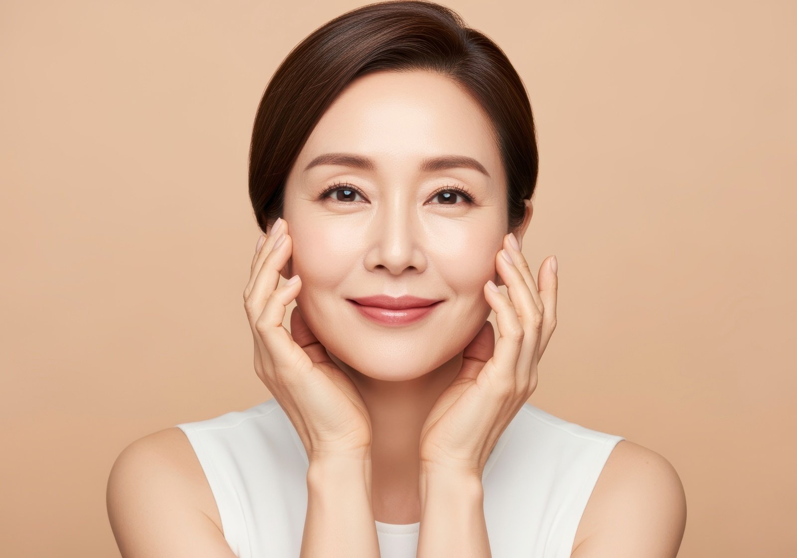 Người mẫu nữ trung niên mỉm cười, hai tay ôm má trước nền màu đào