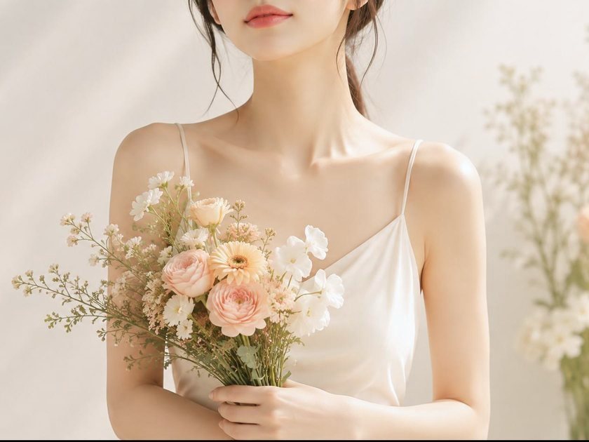 懷抱淺色花束站立的女性模特兒