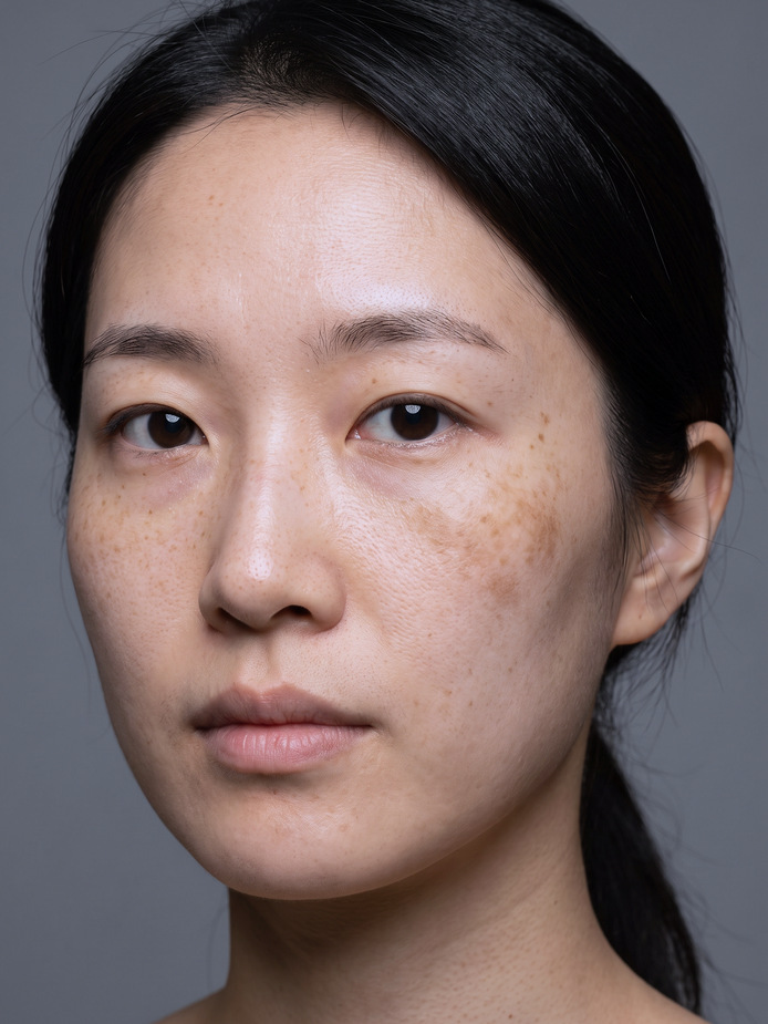 Cận cảnh da người mẫu nữ với những đốm tàn nhang nhạt trên má và sống mũi