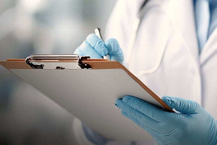 Medical staff in gloves writing on a patient chart