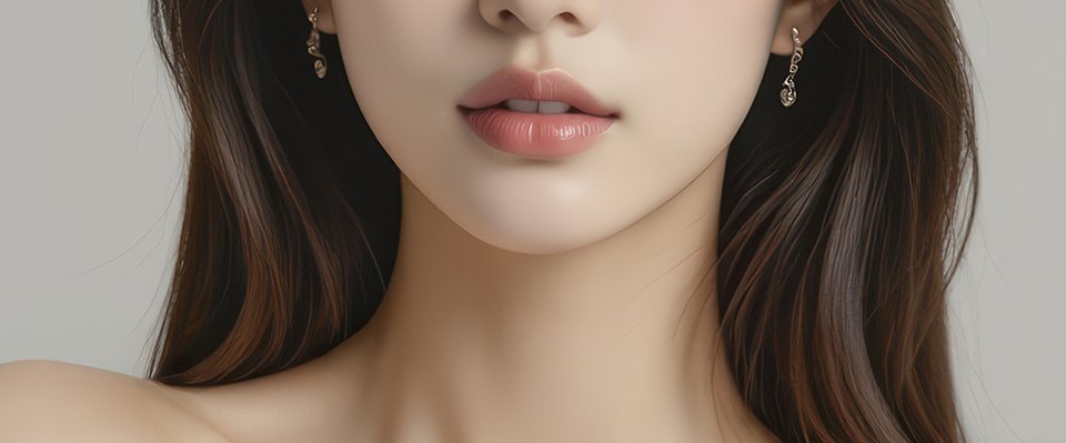 口元からフェイスラインと首へと続く女性モデルのクローズアップ