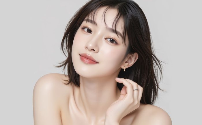 グレーの背景の前で顎に手を当てたボブヘアの女性モデル