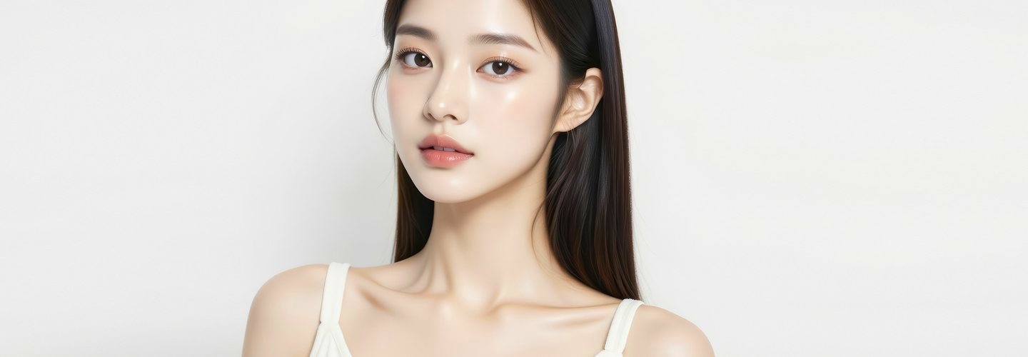白い背景の前に立つ女性モデルの上半身パノラマカット