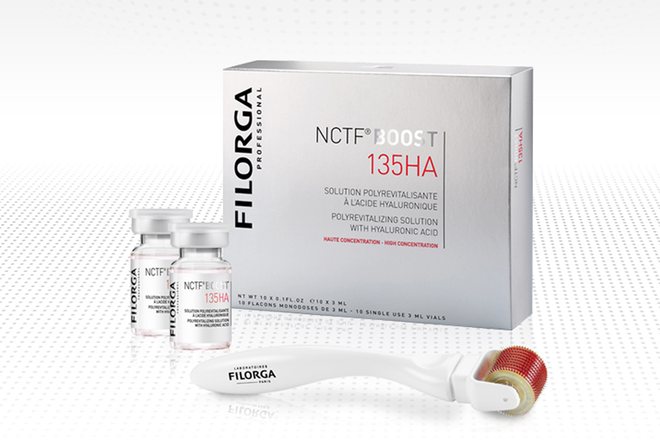 Kotak Filorga NCTF Boost 135HA beserta ampul dan roller di atas latar putih