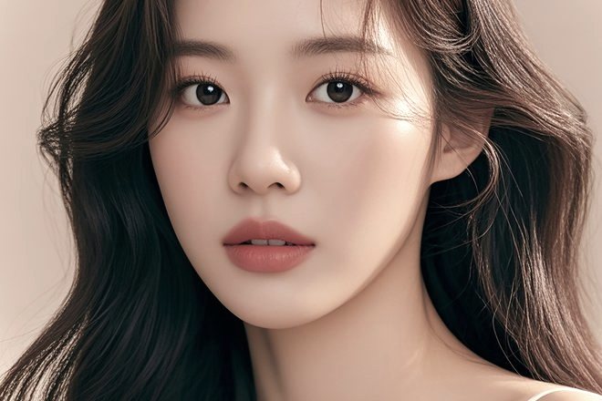 Close-up wajah model wanita yang menatap lurus ke depan dengan latar beige