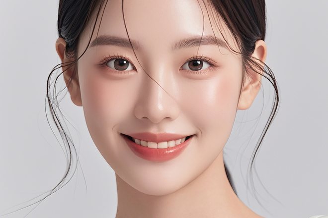 Close-up wajah model wanita tersenyum di depan latar abu-abu muda