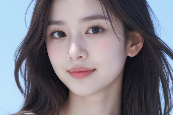 Close-up wajah model wanita yang menatap lurus ke depan dengan latar biru langit muda