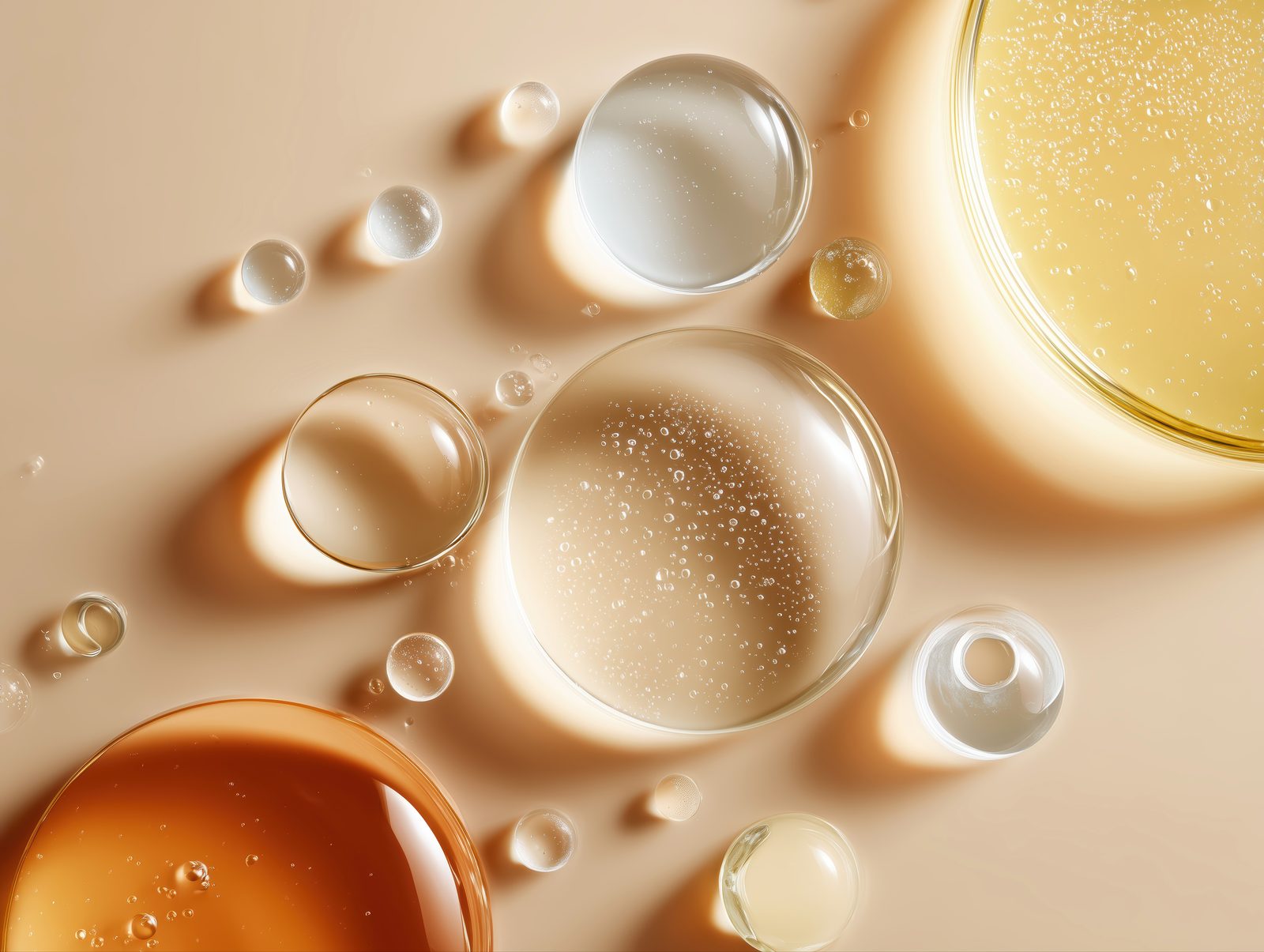 Tetesan serum transparan besar dan kecil di atas latar beige