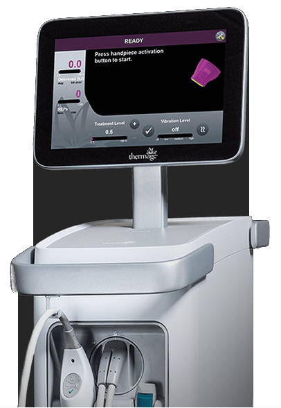 Аппарат Thermage FLX — мобильная установка с монитором, на котором горит экран READY, и подвешенным ручным аппликатором